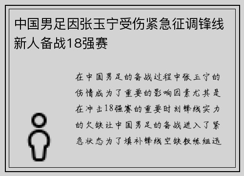 中国男足因张玉宁受伤紧急征调锋线新人备战18强赛